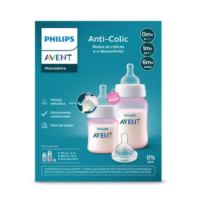 Kit Mamadeira Avent Anti-Colic 125ml 260ml E Bico - 3 Peças Kit Mamadeira Avent Anti-Colic 125ml 260ml E Bico - 3 Peças