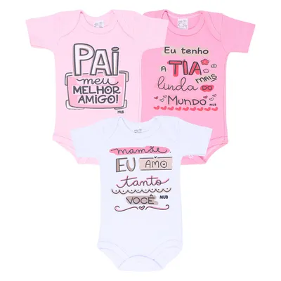 Kit Body Manga Curta Bebê Mub Estampa Família - 3 Peças Kit Body Manga Curta Bebê Mub Estampa Família - 3 Peças