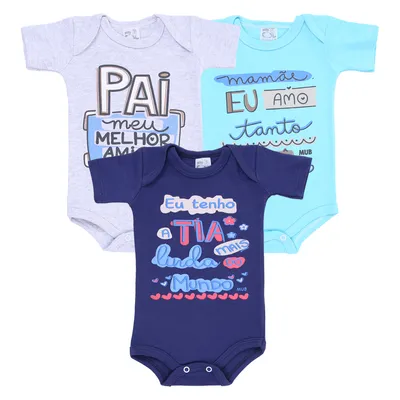 Kit Body Manga Curta Bebê Mub Estampa Família - 3 Peças Kit Body Manga Curta Bebê Mub Estampa Família - 3 Peças