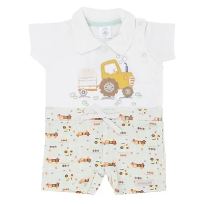 Macacão Curto Bebê Presente De Anjo Malha Bordado Trator