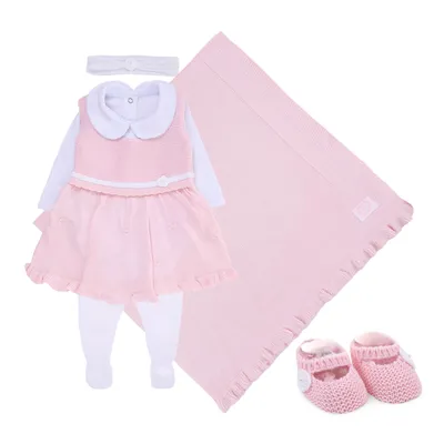 Saída De Maternidade Fofinho Tricô Com Pérolas - 6 Peças Saída De Maternidade Fofinho Tricô Com Pérolas - 6 Peças