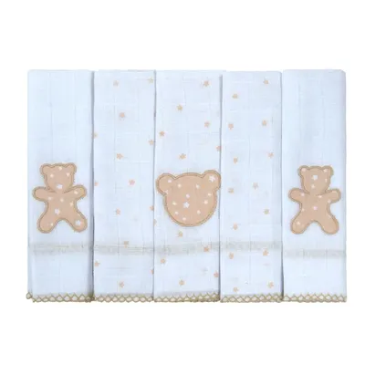 Kit Pano De Boca Bublim Com Picueta Bordado Urso - 5 Peças