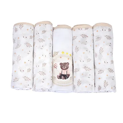 Kit Fralda Muito Mimo Algodão Com Bainha Ursinho - 5 Peças