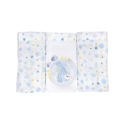 Kit Fralda Muito Mimo Algodão Bordado Cegonha - 3 Peças