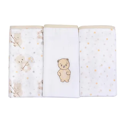 Kit Fralda Baby Nice Com Bainha Ursinho - 3 Peças