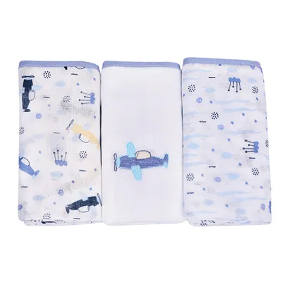 Kit Pano De Boca Baby Nice Algodão Avião - 3 Peças