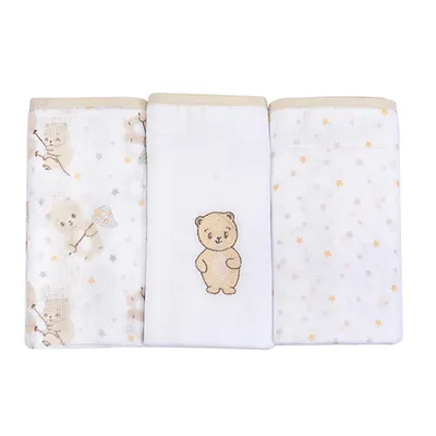 Kit Pano De Boca Baby Nice Algodão Urso - 3 Peças