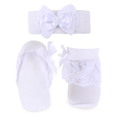 Kit Meia Bebê Baby Kids Bordado Inglês E Laço Com Tiara