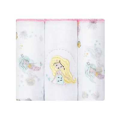 Kit Fralda Papi Bordado E Estampa Sereia - 3 Peças