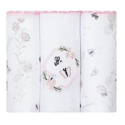 Kit Fralda Papi Bordado E Estampa Floral - 3 Peças