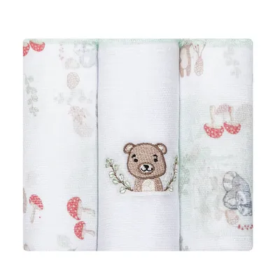 Kit Fralda Papi Bordado E Estampa Urso - 3 Peças