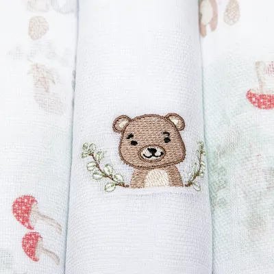 Kit Fralda Papi Bordado E Estampa Urso - 3 Peças