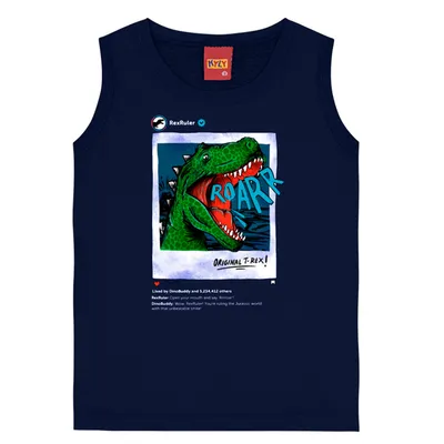 Camiseta Regata Kyly Meia Malha Estampa Dinossauro T-Rex