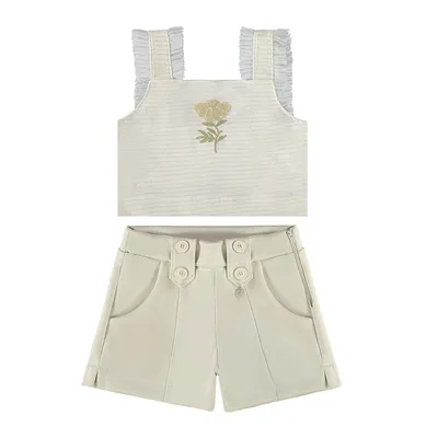 Conjunto Infantil Kiki Alça Com Babados Tule E Bordado Flor