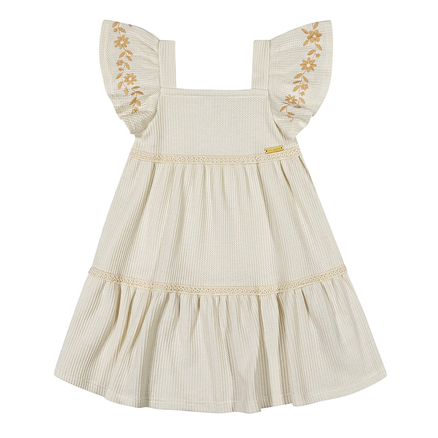 Vestido Infantil Colorittá Malha Waffle Bordados Nas Mangas