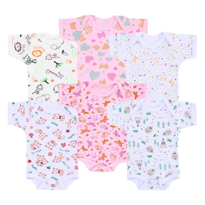 Kit Body Curto Bebê Top Chot Canelado Estampado - 6 Peças