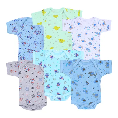 Kit Body Curto Bebê Top Chot Canelado Estampado - 6 Peças