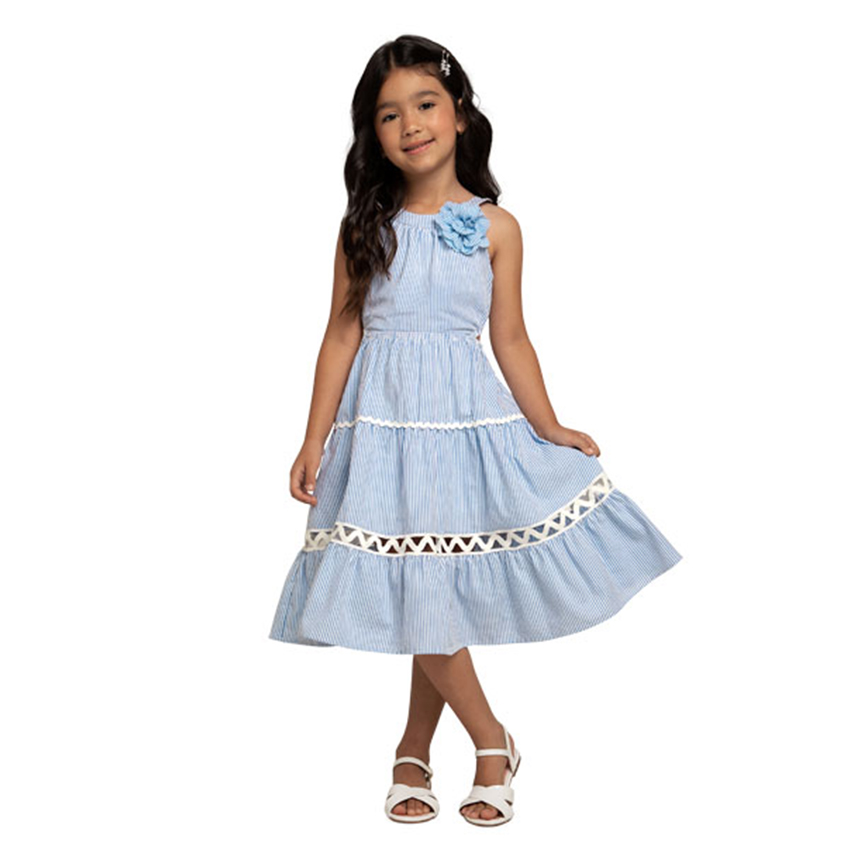 Vestido Infantil Milon Fio Tinto Midi Listrado Aplique Flor