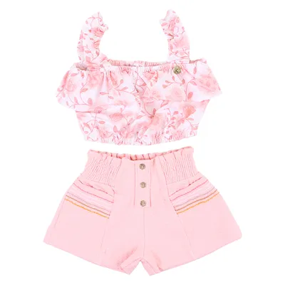 Conjunto Infantil Kiki Blusa Estampada E Short Jacquard