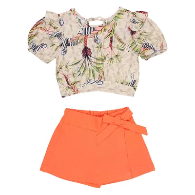 Conjunto Infantil Kookabu Blusa Estampa E Short Saia Laço