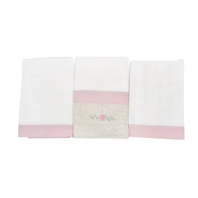 Kit Pano De Boca Minasrey Bordado Flores - 3 Peças