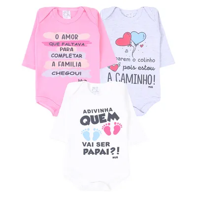 Kit Body Manga Longa Bebê Mub Estampado Frases - 3 Peças Kit Body Manga Longa Bebê Mub Estampado Frases - 3 Peças