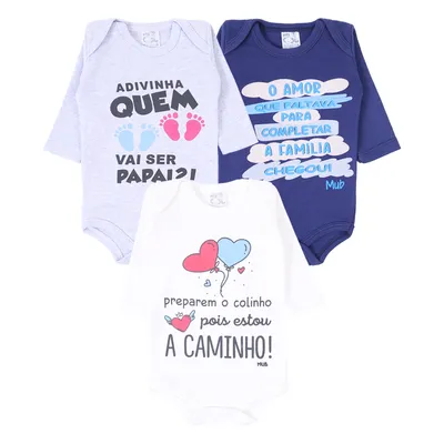 Kit Body Manga Longa Bebê Mub Estampado Frases - 3 Peças Kit Body Manga Longa Bebê Mub Estampado Frases - 3 Peças