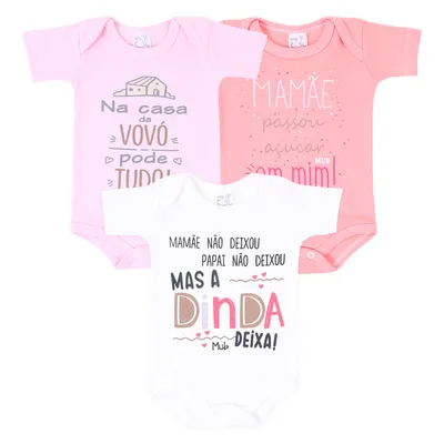 Kit Body Manga Curta Bebê Mub Estampado Frases - 3 Peças Kit Body Manga Curta Bebê Mub Estampado Frases - 3 Peças