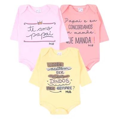 Kit Body Manga Longa Bebê Mub Estampado Frases - 3 Peças