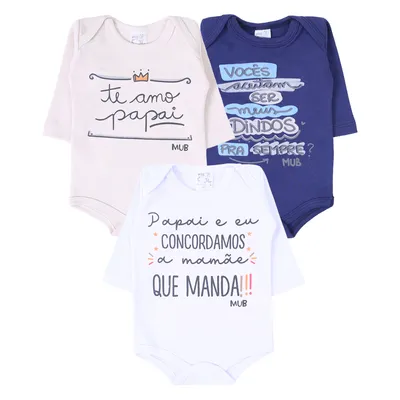 Kit Body Manga Longa Bebê Mub Estampado Frases - 3 Peças
