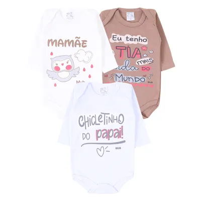 Kit Body Manga Longa Bebê Mub Estampado Frases - 3 Peças