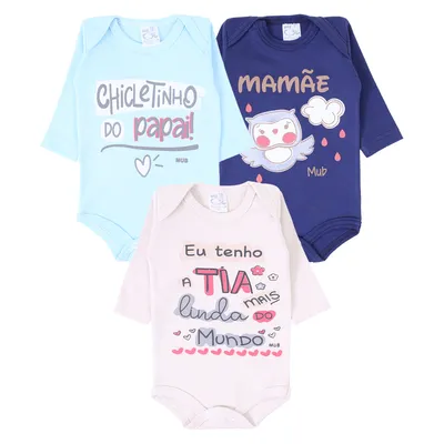 Kit Body Manga Longa Bebê Mub Estampado Frases - 3 Peças