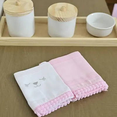Kit Pano De Boca Bublim Petit Bordado Ursa Pompom - 2 Peças