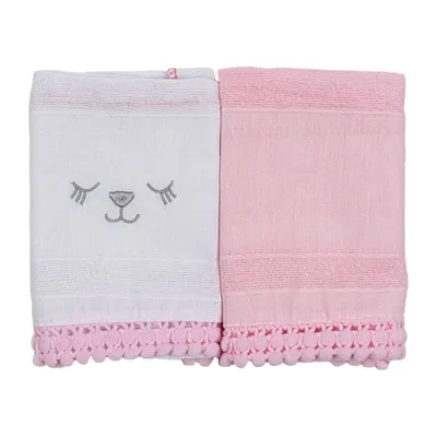 Kit Pano De Boca Bublim Petit Bordado Ursa Pompom - 2 Peças