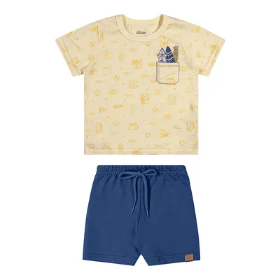 Conjunto Bebê Elian Camiseta Malha Mescla E Bermuda Moletom