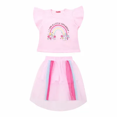 Conjunto Infantil Kookabu Blusa Estampa Arco Íris + Shorts Saia Tule