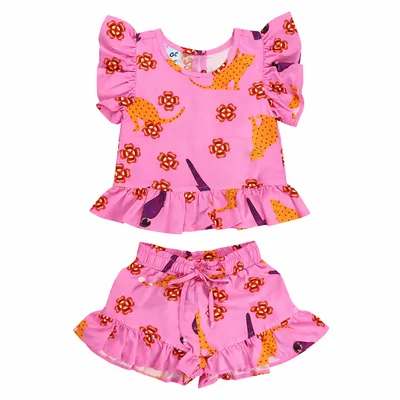 Conjunto Infantil Kookabu Blusa Onça Com Babados + Shorts