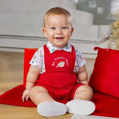 Macacão Bebê Curto Aconchego Com Body Estampa Natal 2 Peças