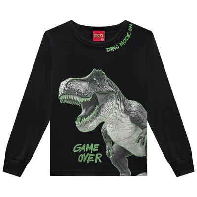 Camiseta Juvenil Kyly Manga Longa Estampa Dino Game Over