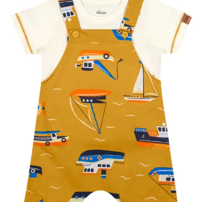 Macação Bebê Elian Camiseta Estampa Navio 02 Peças