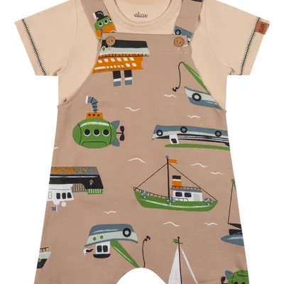 Macação Bebê Elian Camiseta Estampa Navio 02 Peças