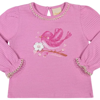 Blusa Infantil Angerô Manga Longa Pássaro E Flor Crochê