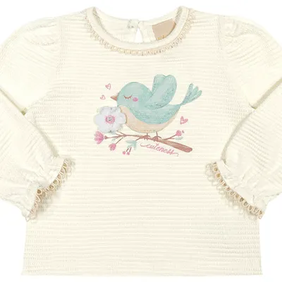 Blusa Infantil Angerô Manga Longa Pássaro E Flor Crochê