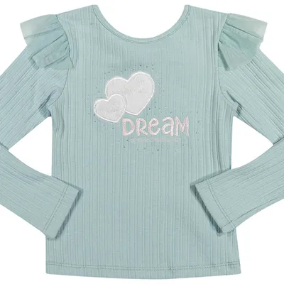 Blusa Infantil Angerô Manga Longa Babado Bordado Coração
