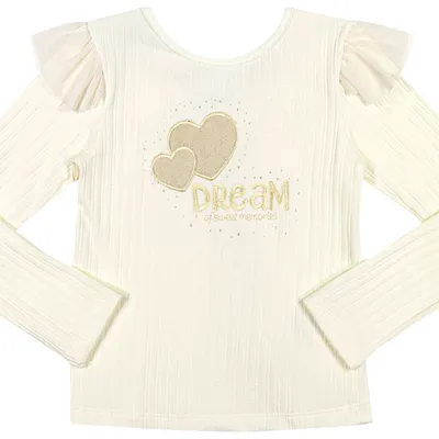 Blusa Infantil Angerô Manga Longa Babado Bordado Coração