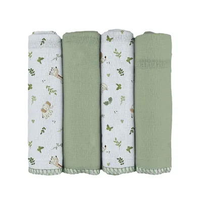Kit Pano de Boca Bebê Bercinho Estampa Safari Folhas 4 Peças