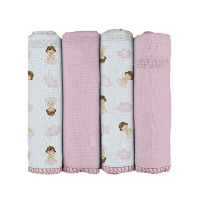 Kit Pano de Boca Bublim Baby Estampa Anjo Rosa 4 Peças