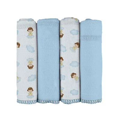 Kit Pano de Boca Bublim Baby Estampa Anjo Azul 4 Peças