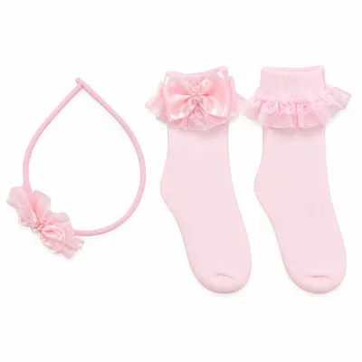 Kit Meia Baby Kids Com Tiara Voal E Aplique De Laço
