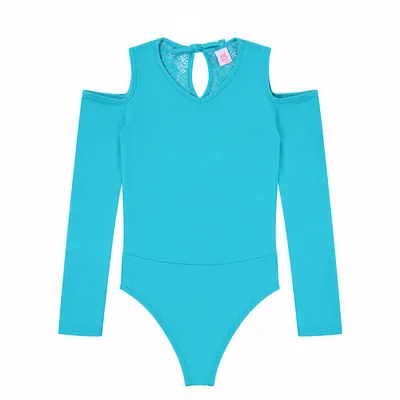 Blusa Rose Feijão Body Manga Longa Furo No Ombro Com Renda